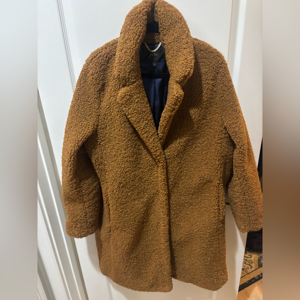 JCrew teddy coat camel fuzzy XL worn once